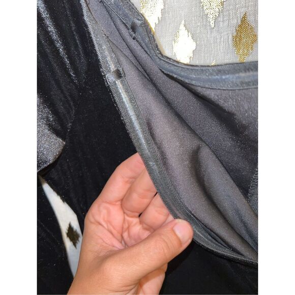 Goth Black velvet evening gown dress with thigh slit long sleeve size L - Picture 6 of 10